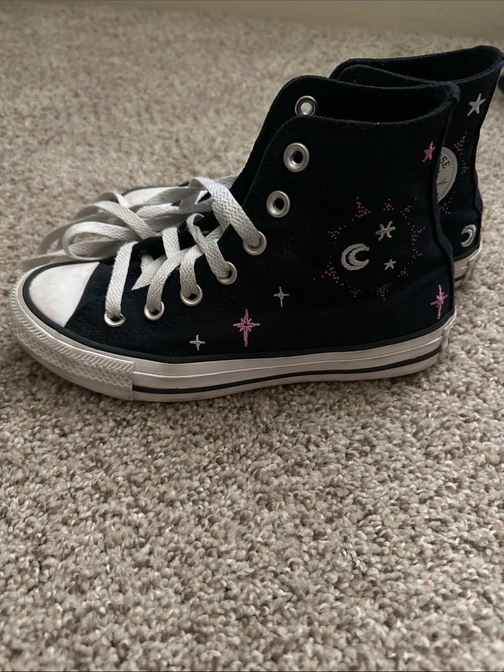 Black High-Top Kids Sneakers with Pink & White Celestial Embroidery